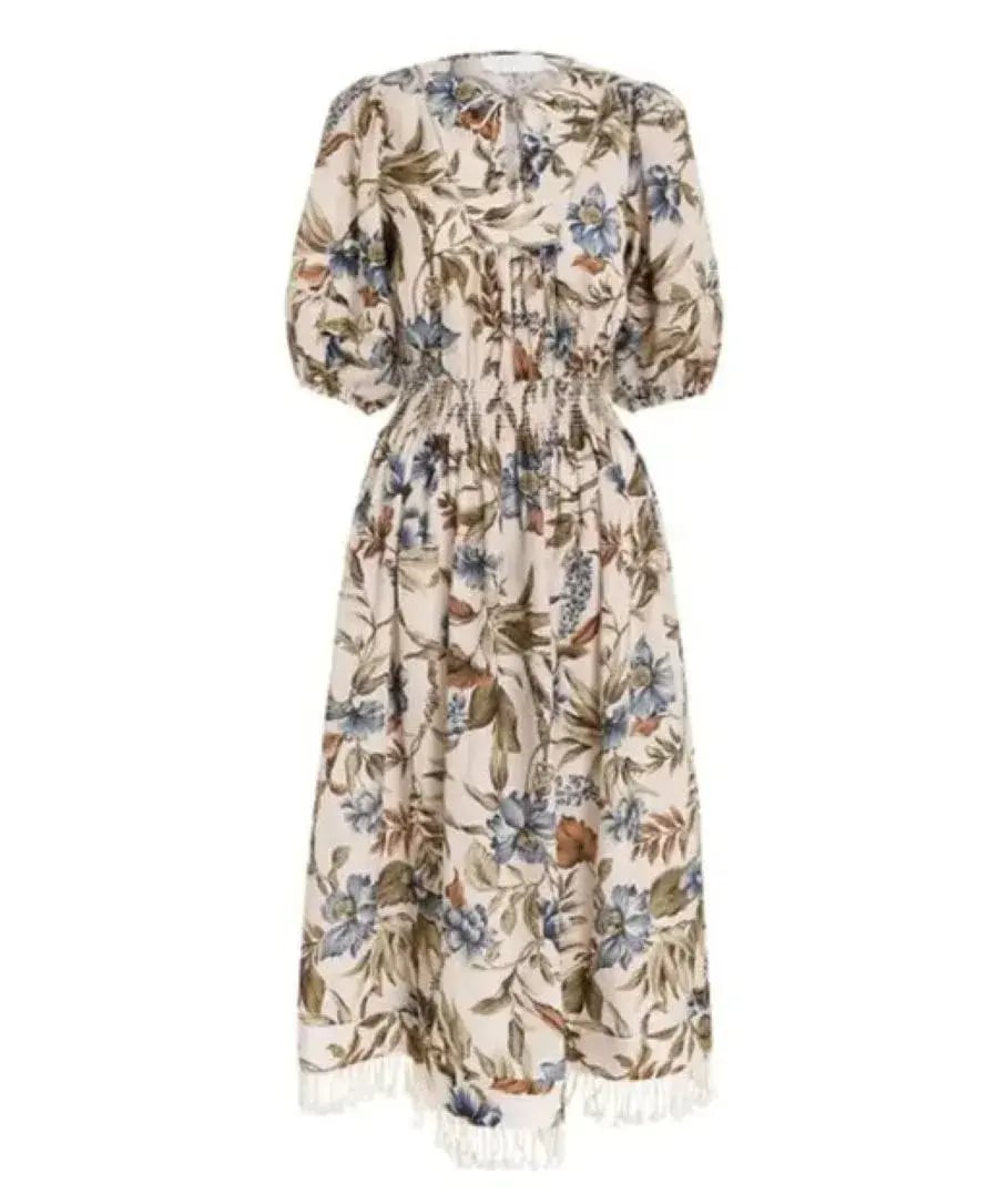 Zimmermann Aliane Shirred Waist Linen Midi Dress Blue Floral Size 2 / AU 12 photo 3