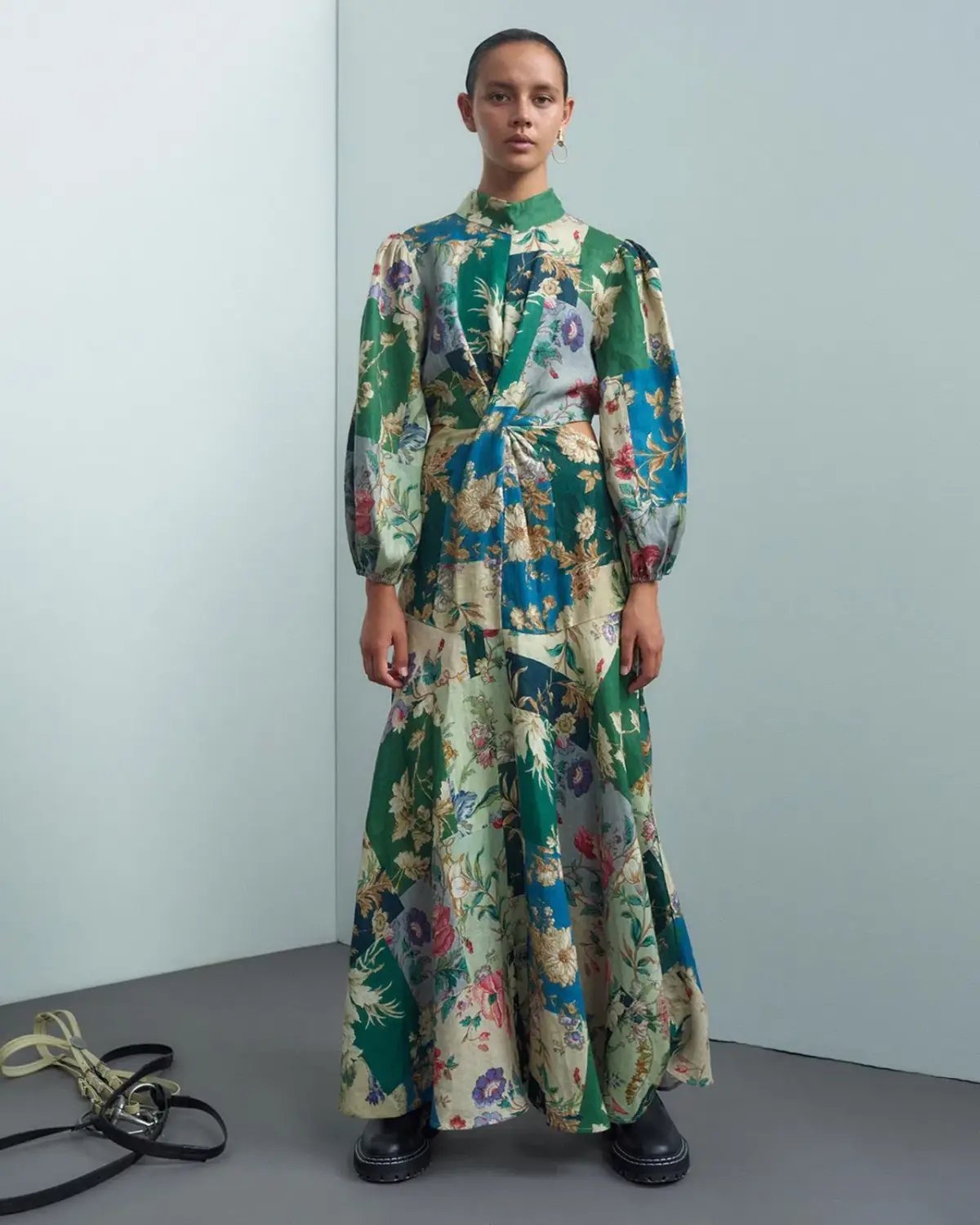 Alemais Loretta Long Sleeve Cutout Linen Patchwork Midi Dress Multi Size 10 photo 5