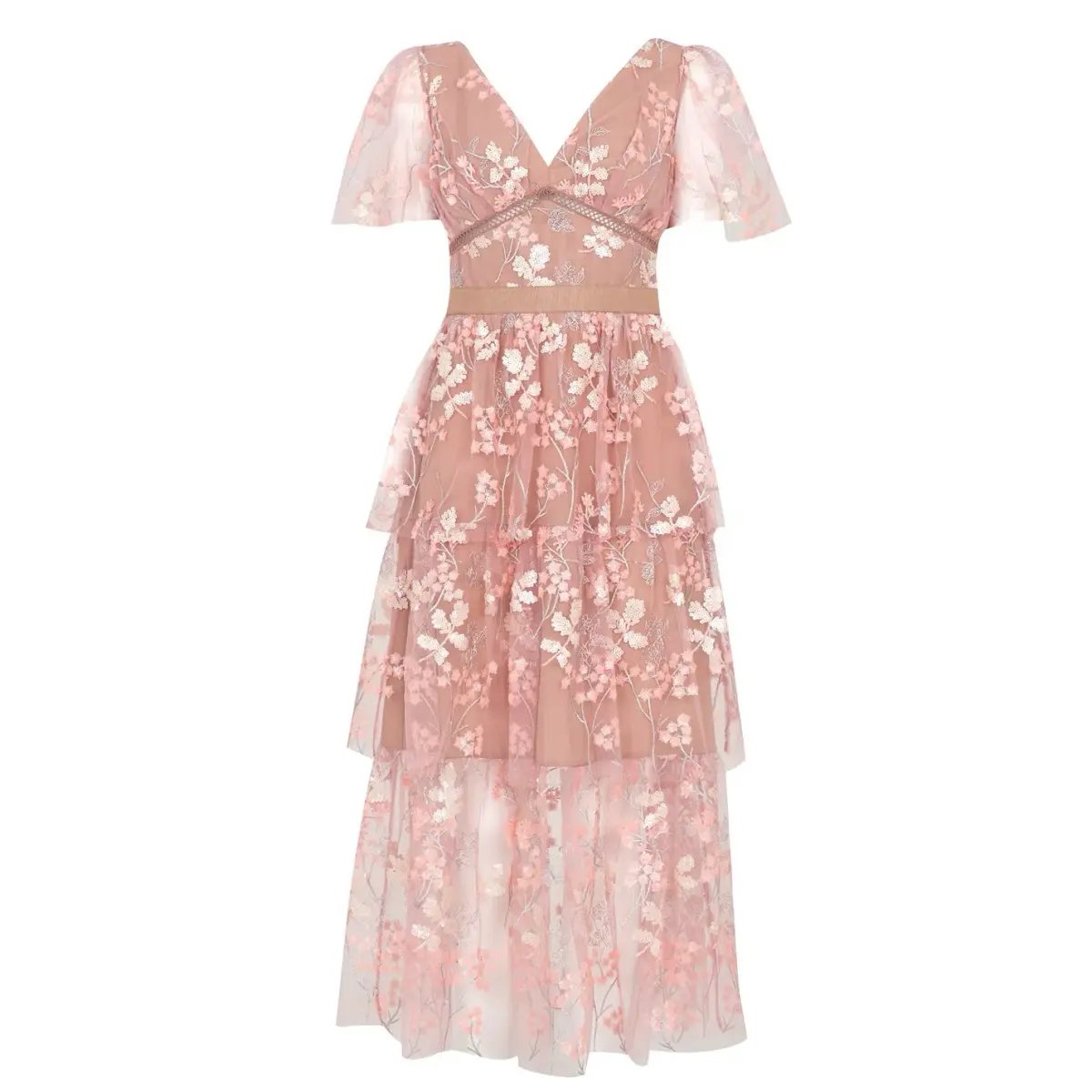 Self Portrait Flower Mesh Tiered Midi Dress Pink Size 12 photo 4
