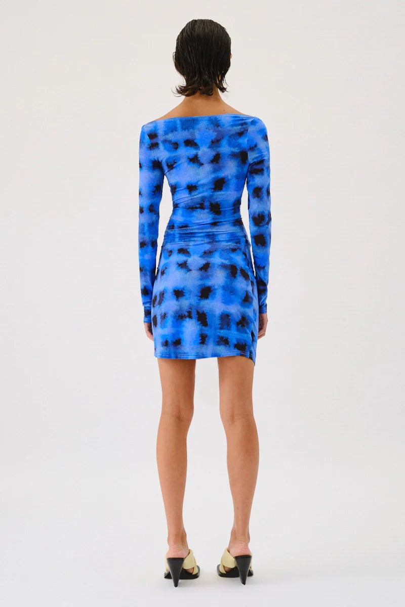SUBOO SHIBORI LONG SLEEVE OFF SHOULDER TUNIC DRESS - BLUE PRINT photo 4