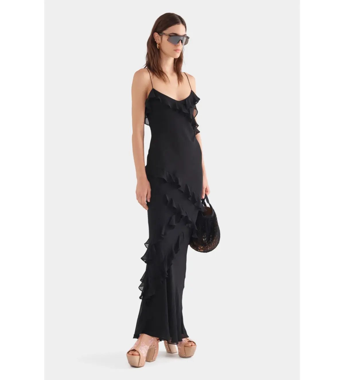 Venroy Silk Ruffle Slip Dress in Black Size AU 8 photo 2