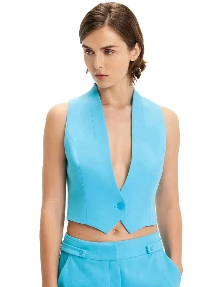 Cue Matte Crepe Waistcoat and Wide Leg Pants Set Aqua Size 6 photo 2