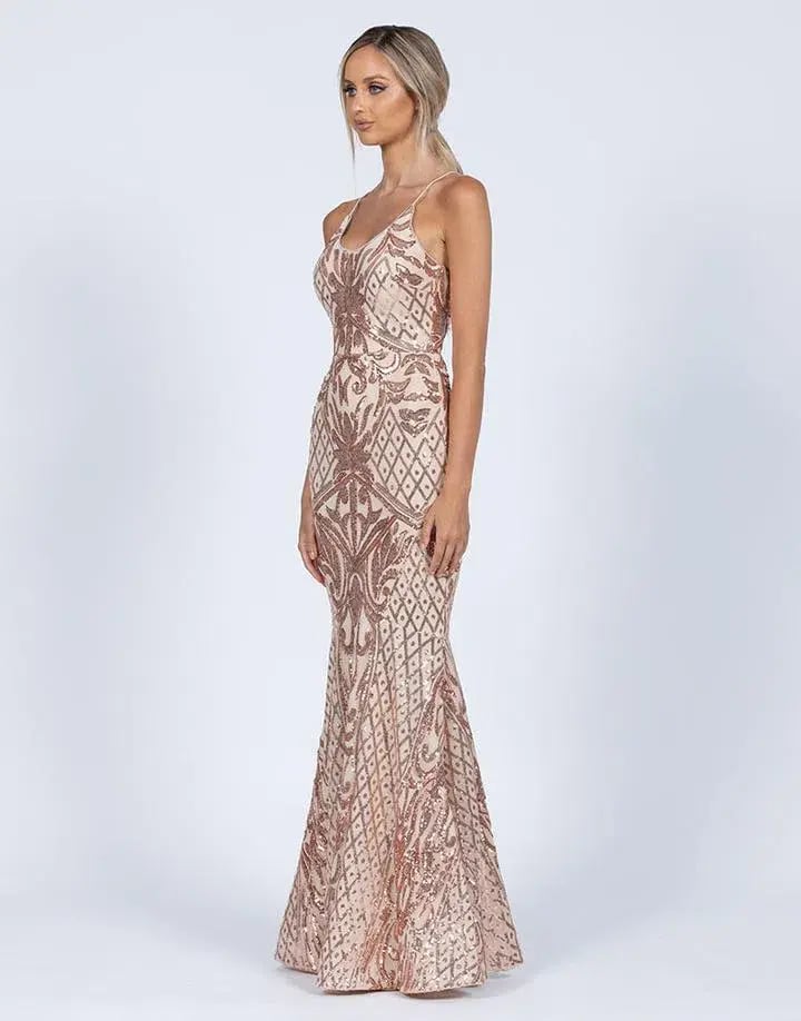 Bariano Serpentine Scoop Gown Gold Sequin Size 10 photo 3