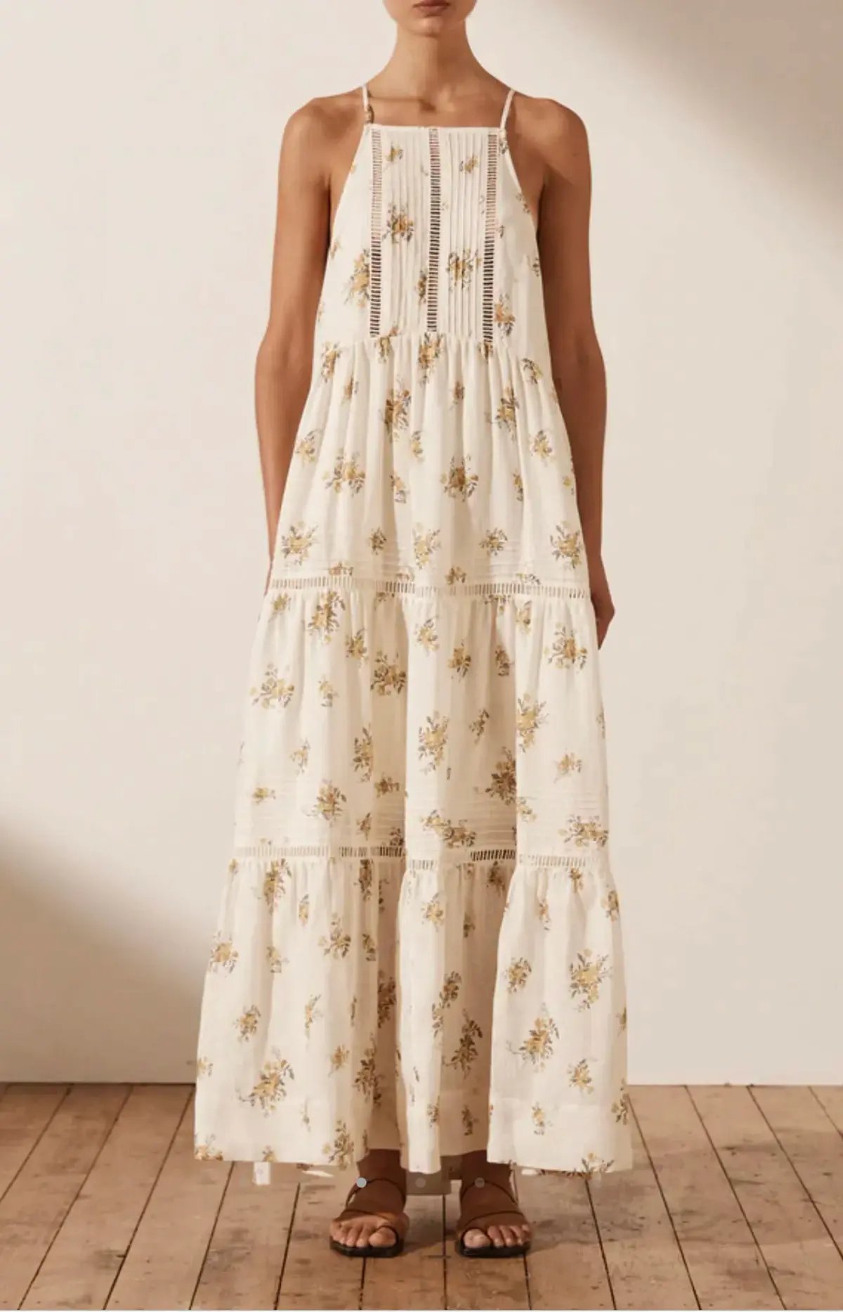 Shona Joy Lila Linen Pin Tuck Sleeveless Maxi Dress Floral Size 10 photo 2