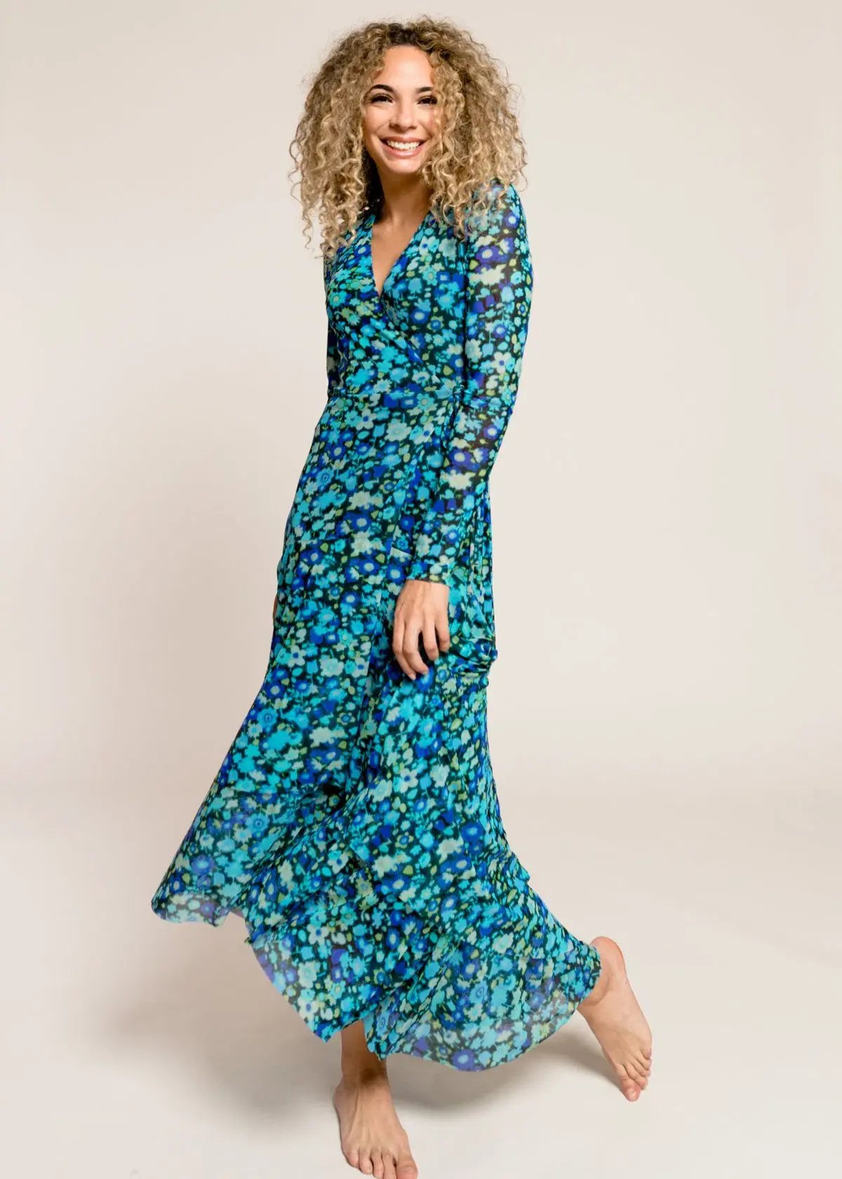 Ganni Floral Print Mesh Wrap Dress Turquoise Floral Print Size 38/ Au 10 photo 2