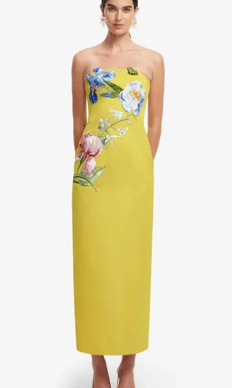 Leo Lin Rayna Applique Floral Bustier Midi Dress in Mustard Size 8 photo 2