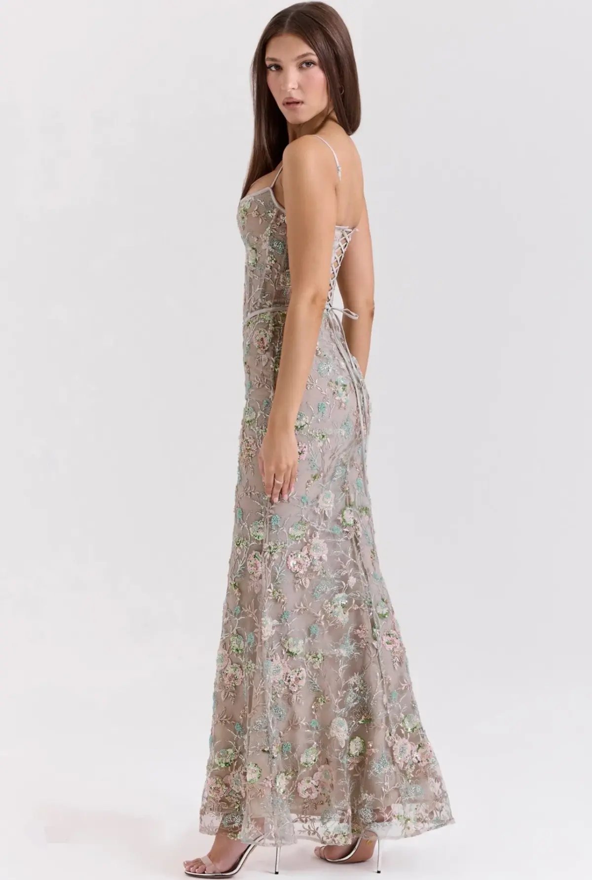 House of CB Naima Embellished Beaded Corset Maxi Dress Silver size 6 photo 5