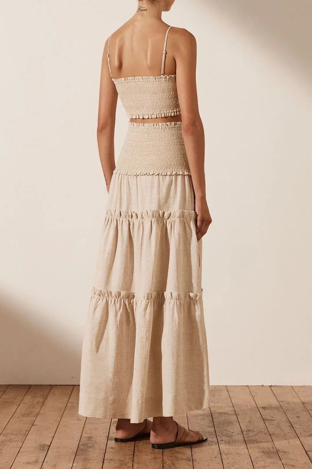SHONA JOY Fiona Shirred Bralette and Tiered Midi Skirt Set CREAM Size AU 6 photo 3