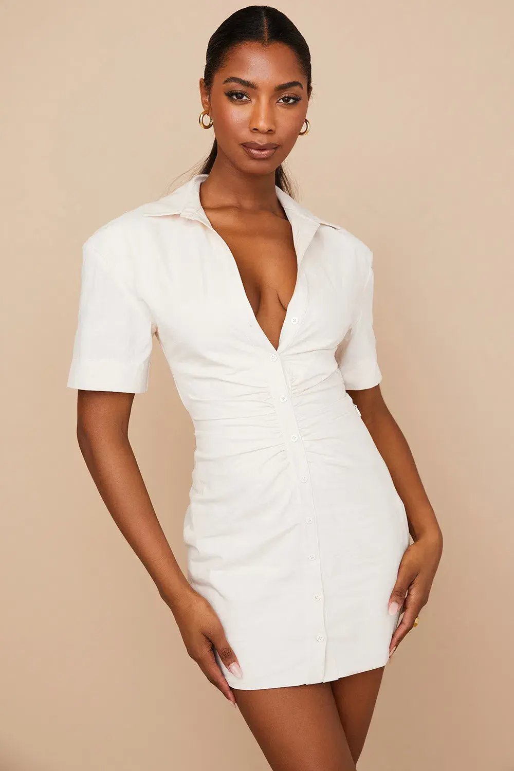 House of CB Luisa Open Back Shirt Mini Dress Beige Size XS / AU 6 photo 2