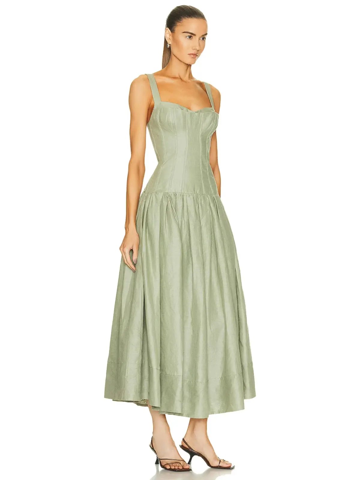Nicholas Makenna Pleated Linen Midi Dress Green Size AU 10 photo 2