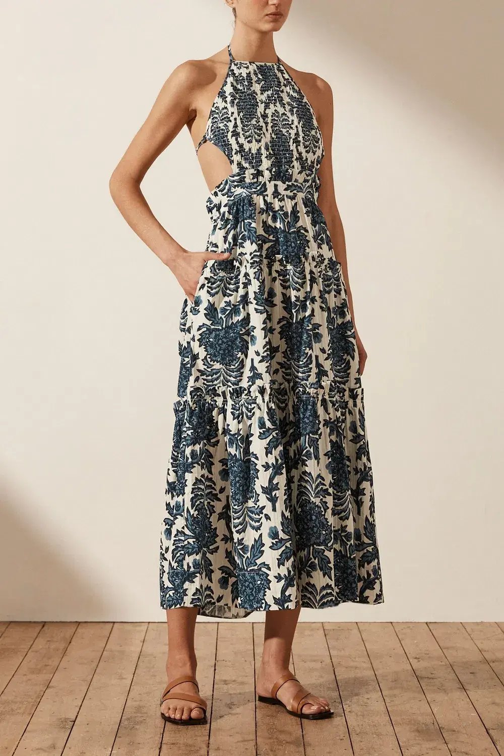 Shona Joy Diana Shirred Backless Midi Dress Print Size 6 photo 4