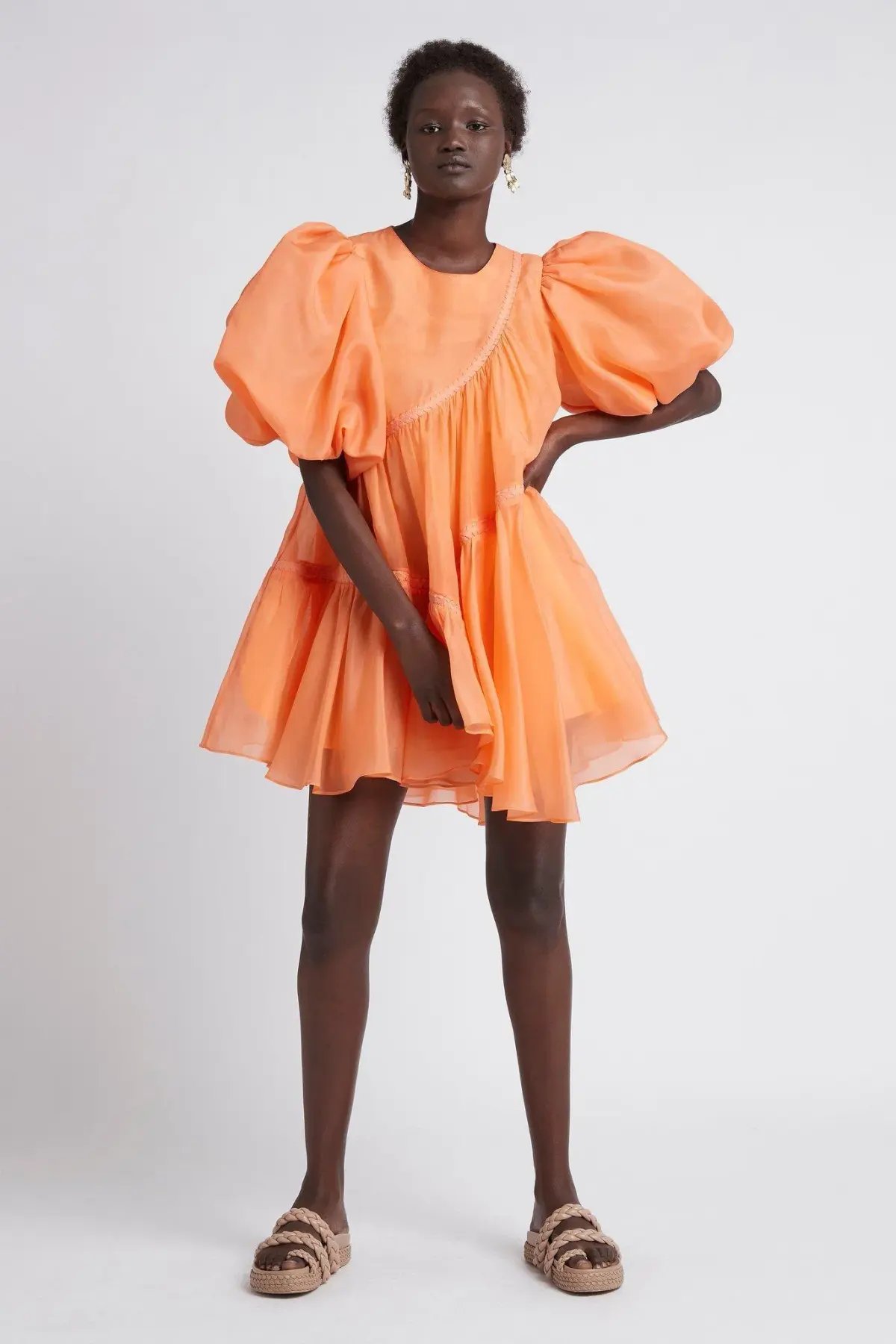 Aje Riviera Asymmetric Braided Puff Sleeve Smock Dress Mandarin Orange Size 6 photo 2