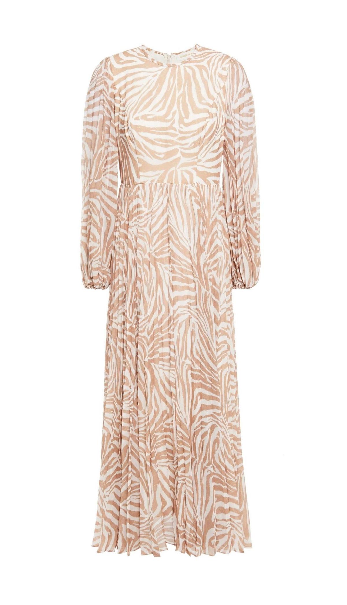 Zimmermann Sunray Long Sleeve Midi Dress Sand/Zebra Print Size 8 photo 3