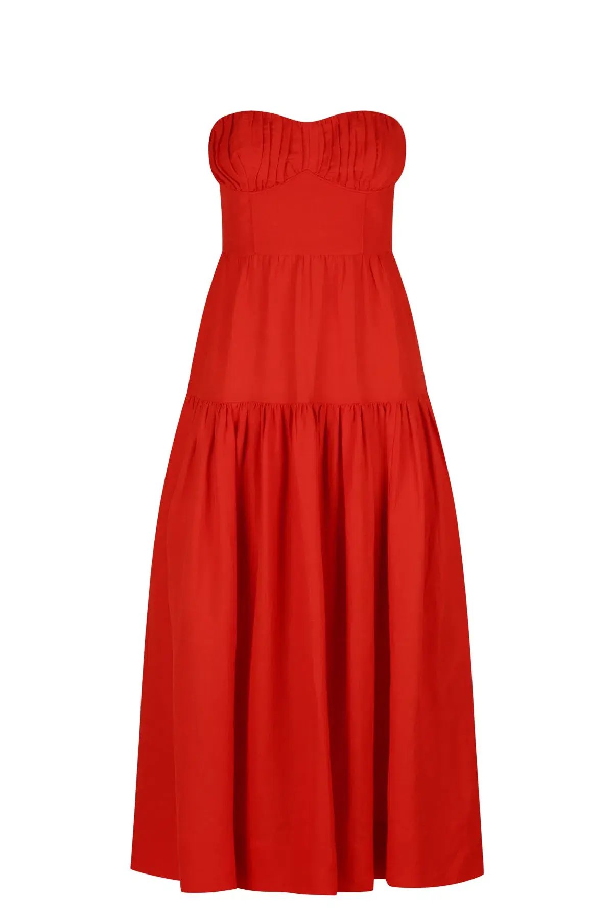 Shona Joy Jules Linen Strapless Ruched Midi Dress in Lipstick Red Size 8 / S photo 3