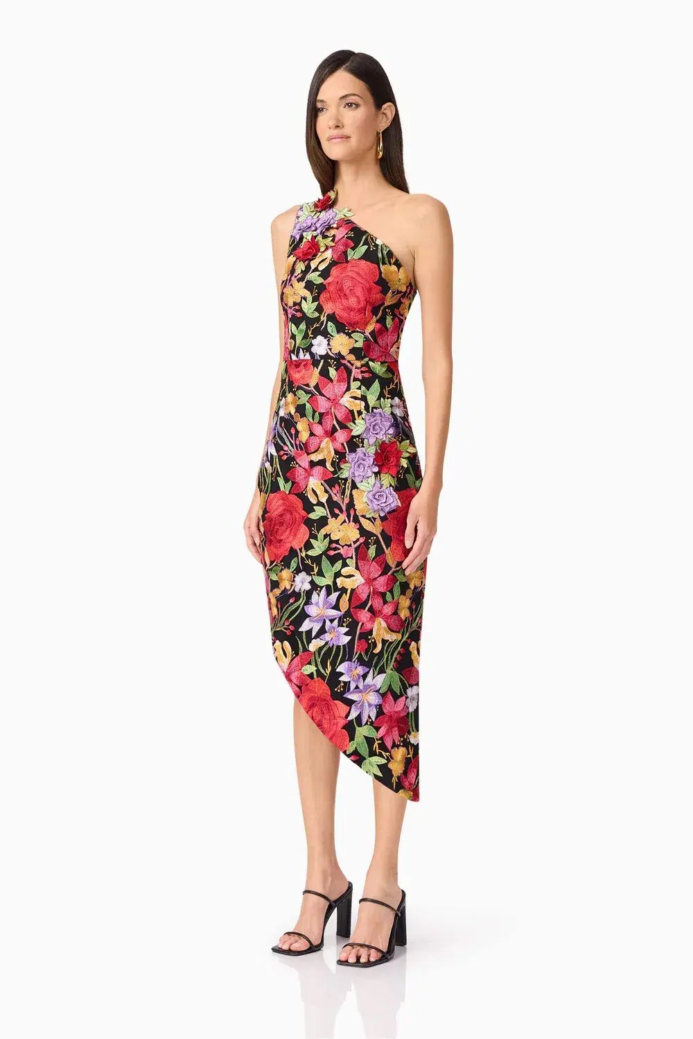 Elliatt Talia Asymmetrical Midi Dress in Black Floral Size 10 photo 2