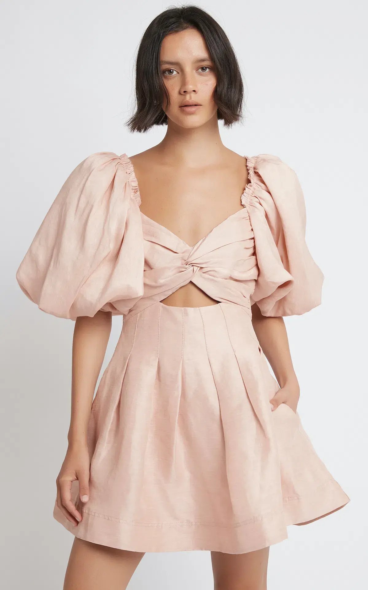 Aje Dusk Knot Puff Sleeve Mini Dress Blush Size 10 photo 2