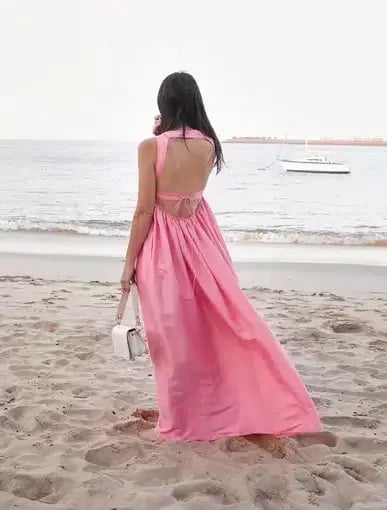 OROTON Strappy Open Back Poplin Maxi Sundress in Pink Strawberry Size 14 photo 9