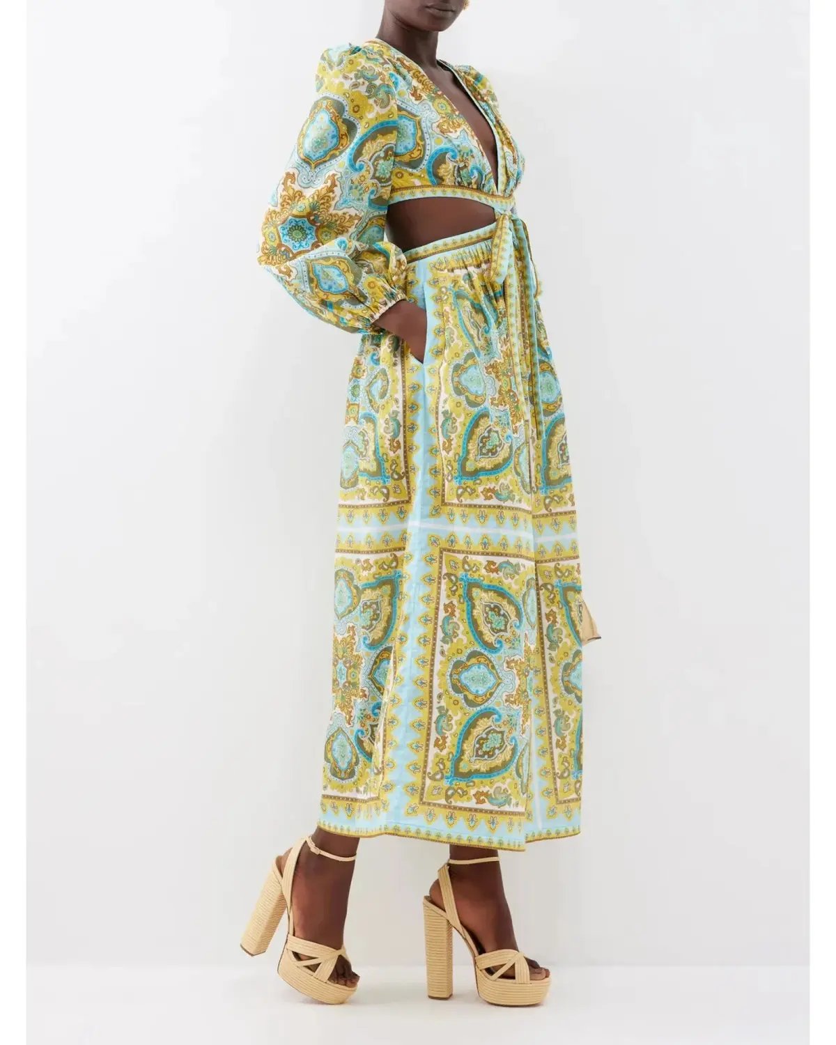 Zimmermann Halcyon Tie Front Midi Dress Blue Yellow Paisley Size 1 / AU 10 photo 2