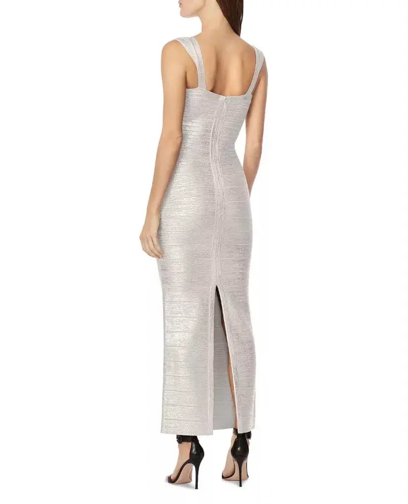 Herve Leger Sweetheart Banded Foil Gown Silver Size 8 photo 3