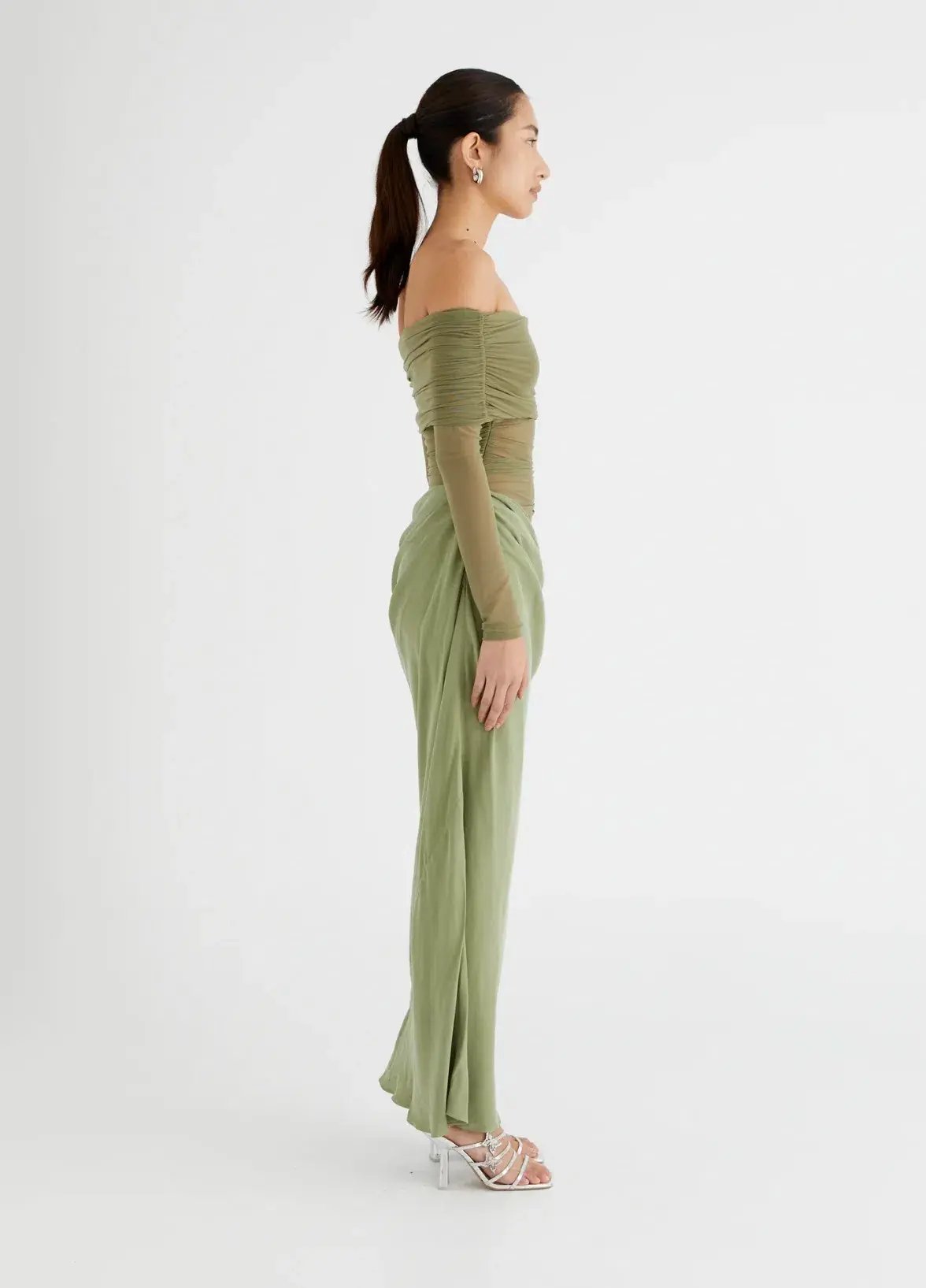 Benni Yasmin Off Shoulder Maxi Dress Pistachio Green Size 10 photo 5