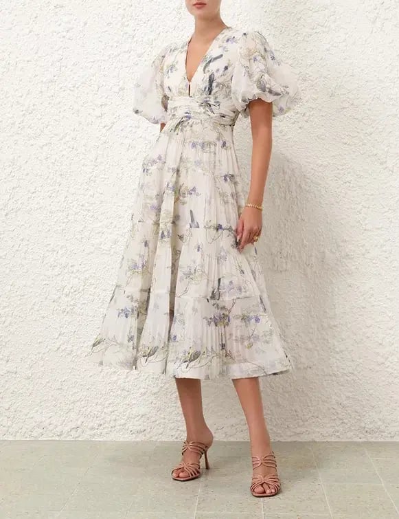 Zimmermann Pleated Midi Dress Blue Birds Size 3 AU 14 photo 2