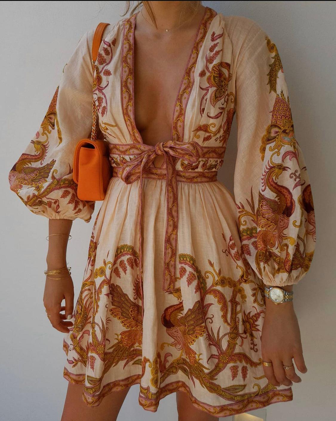 Zimmermann Cassia Plunge Bow Mini Dress Cream Bird Floral Size 6 photo 4