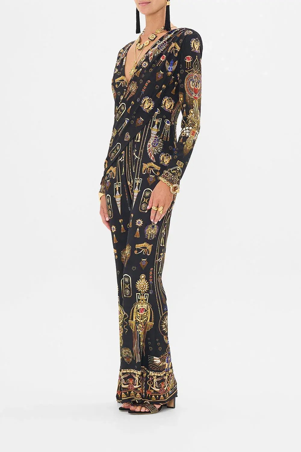 Camilla Draped V Neck Jersey Flared Jumpsuit Multi Print Size 12 photo 3