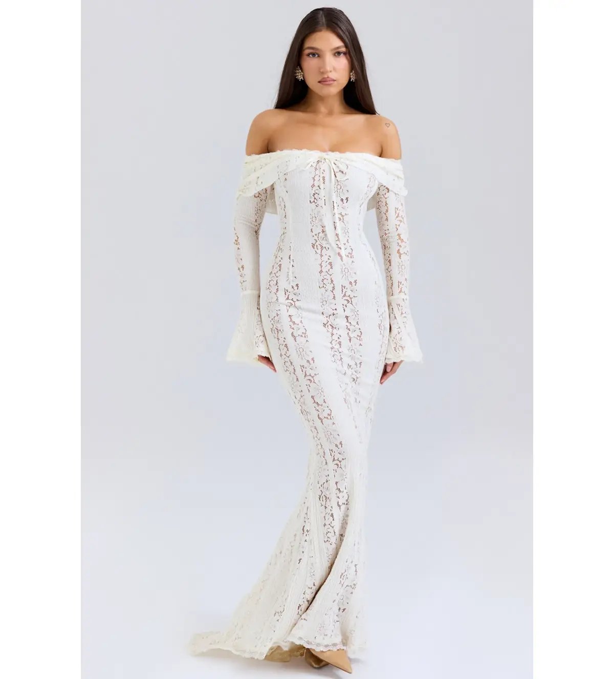 House of CB Belle  Lace Off Shoulder Maxi Dress Vintage Cream Flora Size XS/Au 6 photo 3