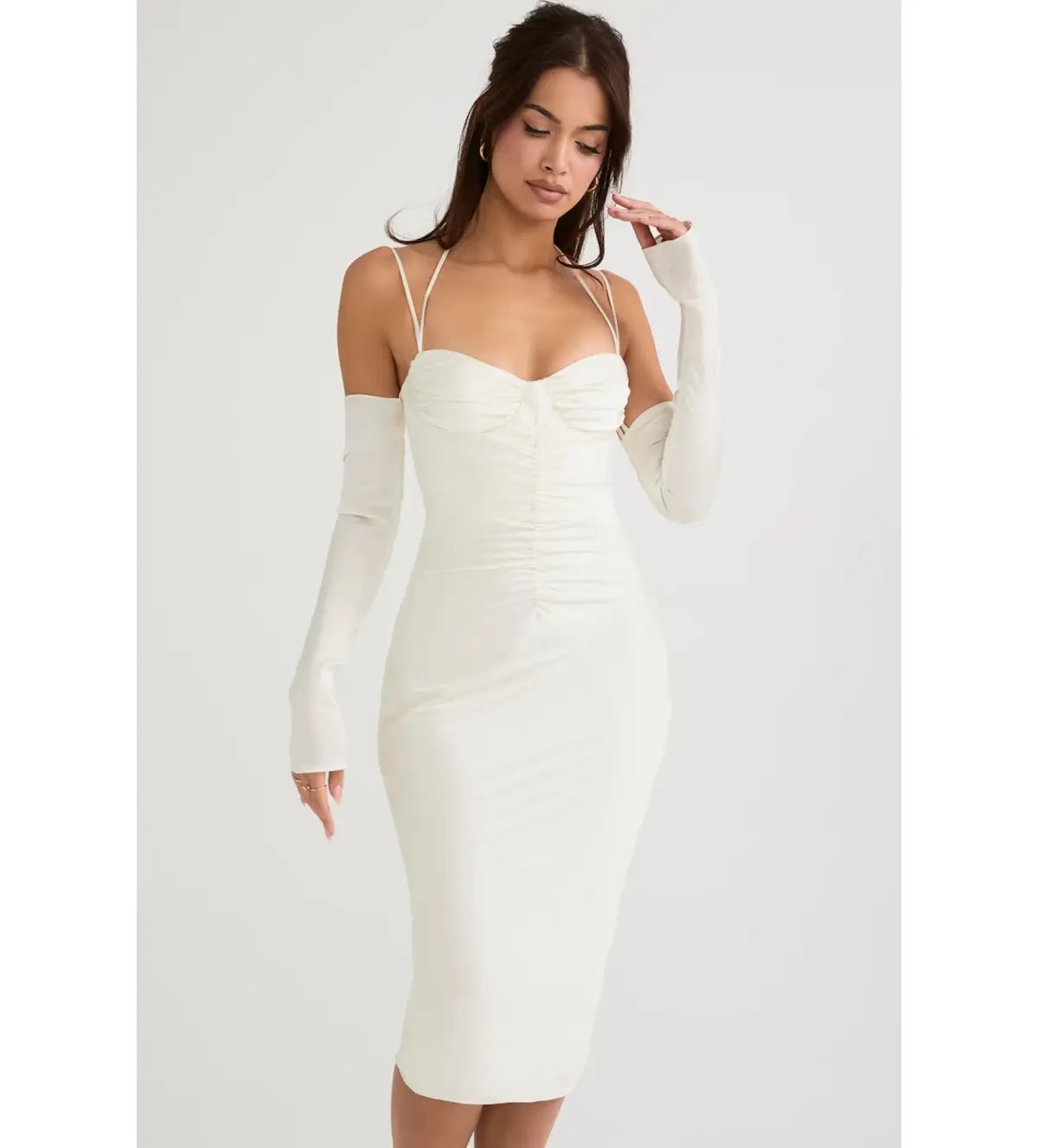 House Of CB Nanoushka Satin Midi Dress Ivory Size L/AU 12 photo 3