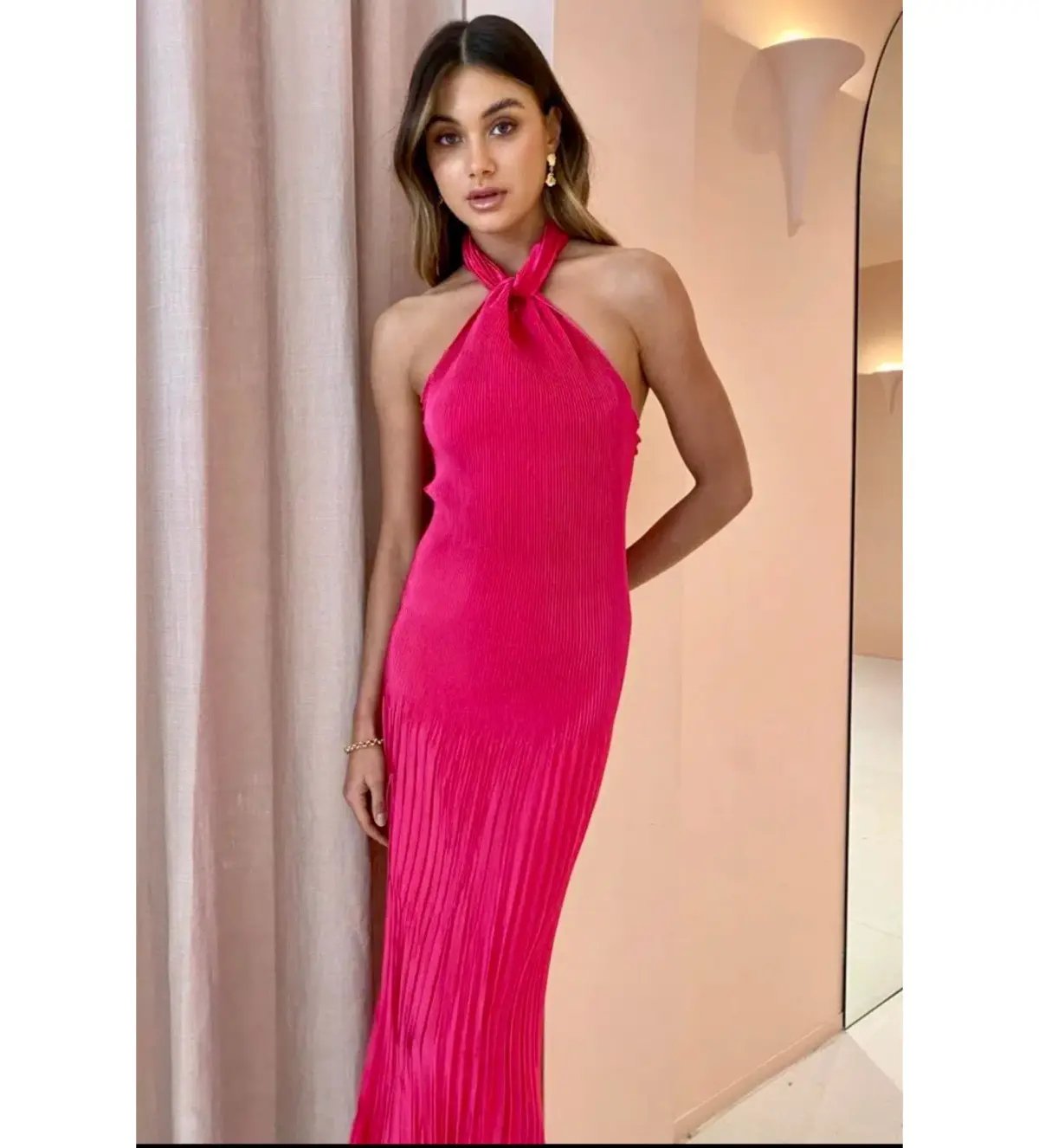 L'Idee Soiree Pleated Halter Gown Punch Hot Pink Size AU 12 photo 7
