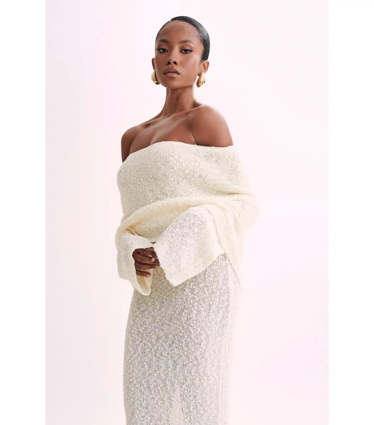 Meshki Marisol Off Shoulder Boucle Maxi Dress in Ivory Size XS / AU 6 photo 3