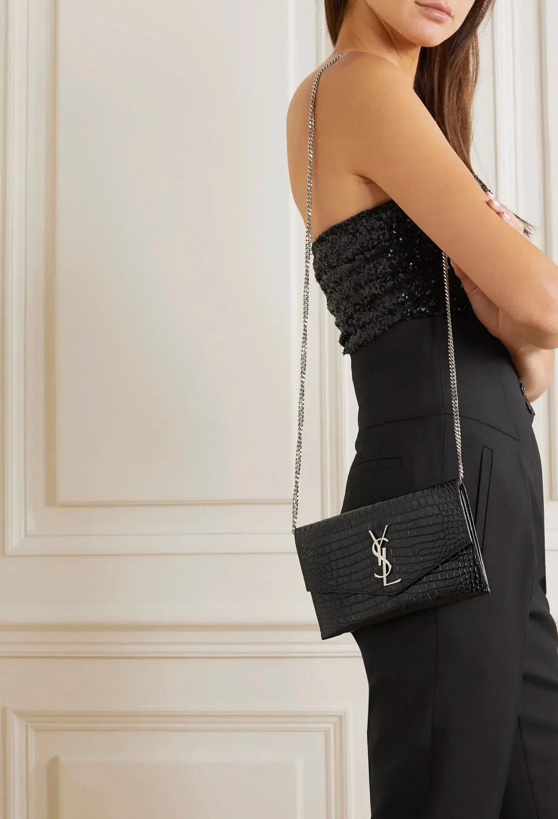 Saint Laurent Croc Leather Shoulder Bag Black photo 4