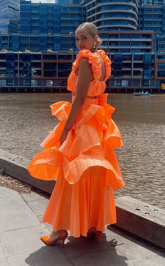 Aje Medina Ruched Crop Top and Tiered Midi Skirt Set Orange Set Size 8 photo 3