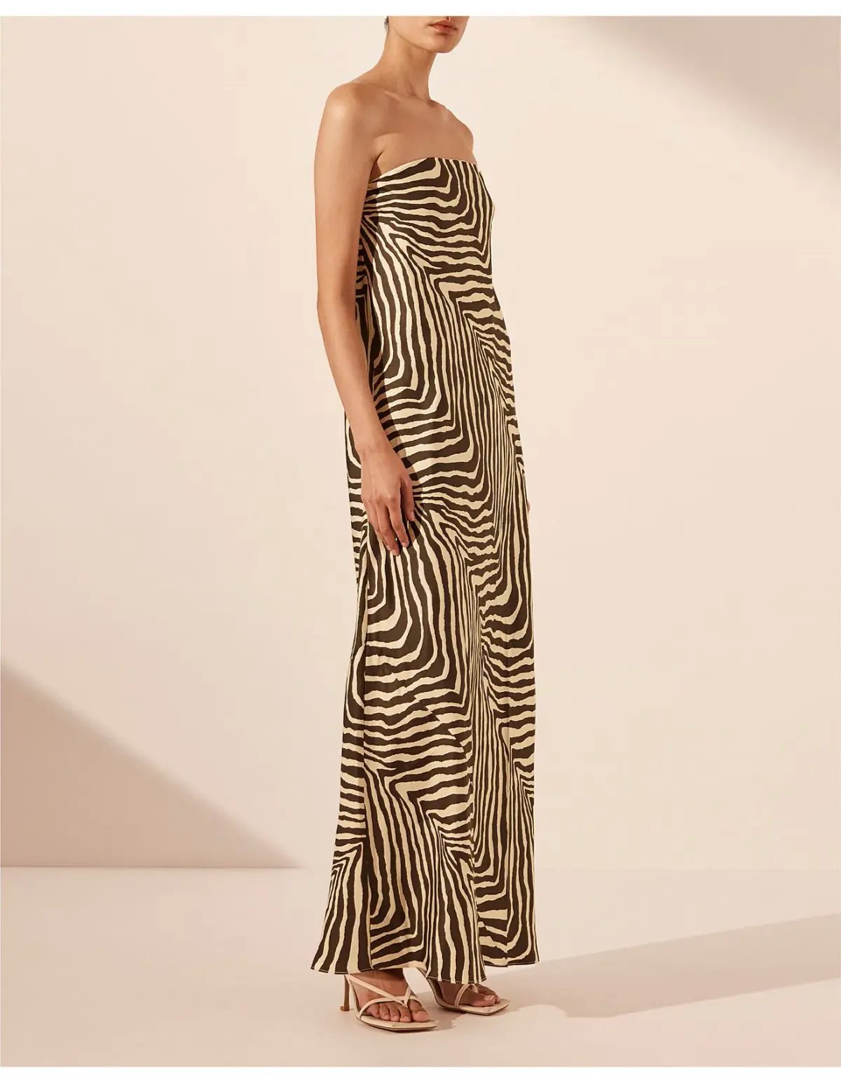 Shona Joy Sana Zebra Silk Strapless Bias Maxi Dress Bone/Chocolate Size 10 photo 2