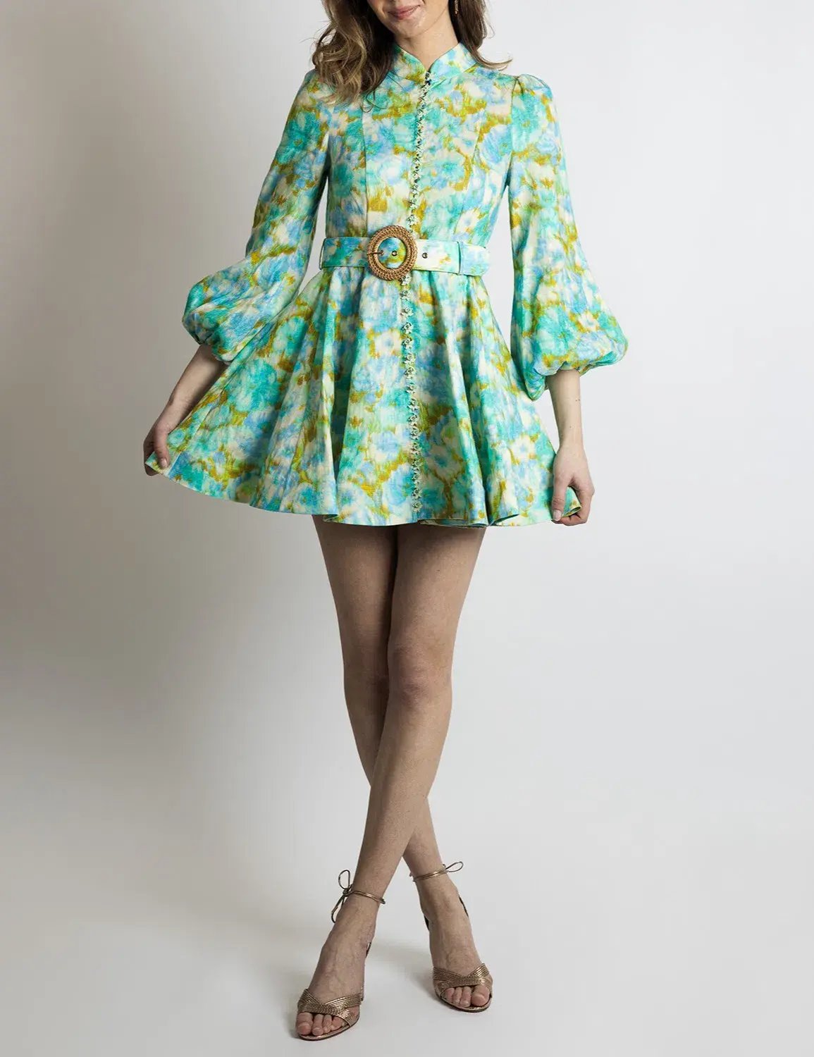 Zimmermann High Tide Buttoned Mini Dress Aqua Ikat Floral Size 2/ AU 12 photo 2