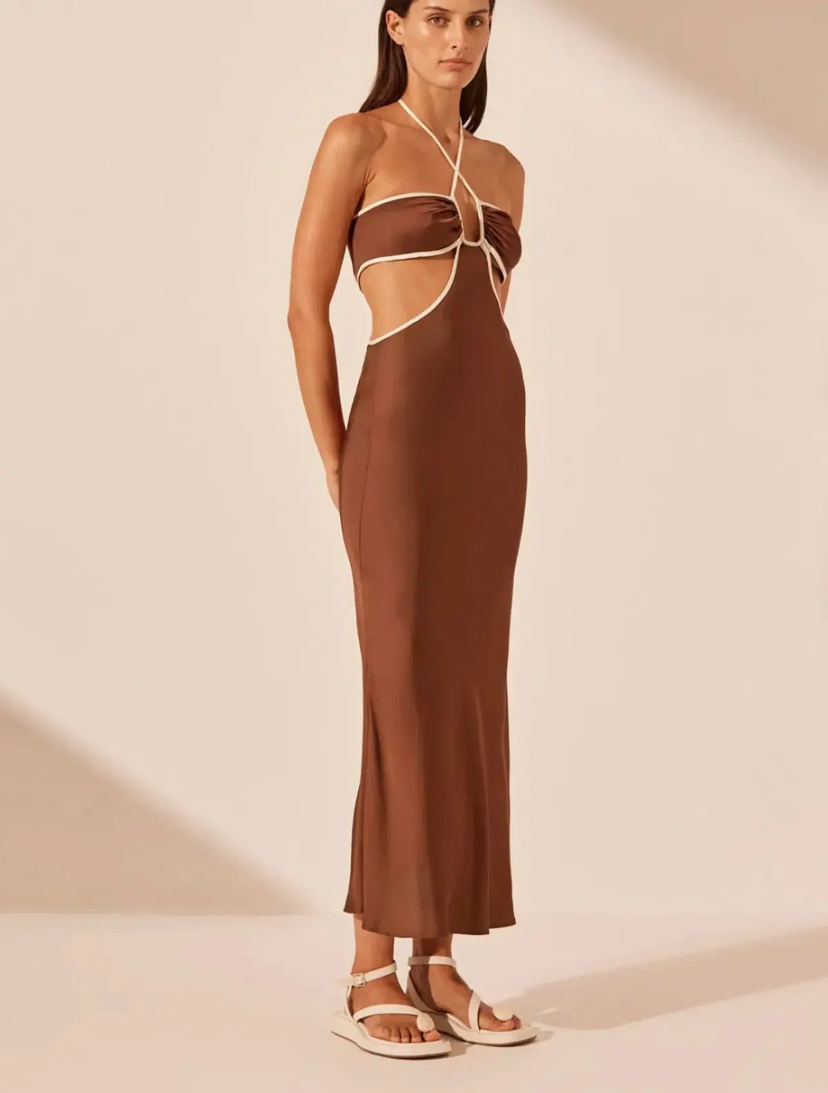 Shona Joy Contrast Halter Midi Dress Chocolate/Ivory Size 8 photo 2