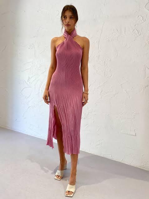 L'idee Soirée Pleated Halter Gown Pink Size 6 photo 2
