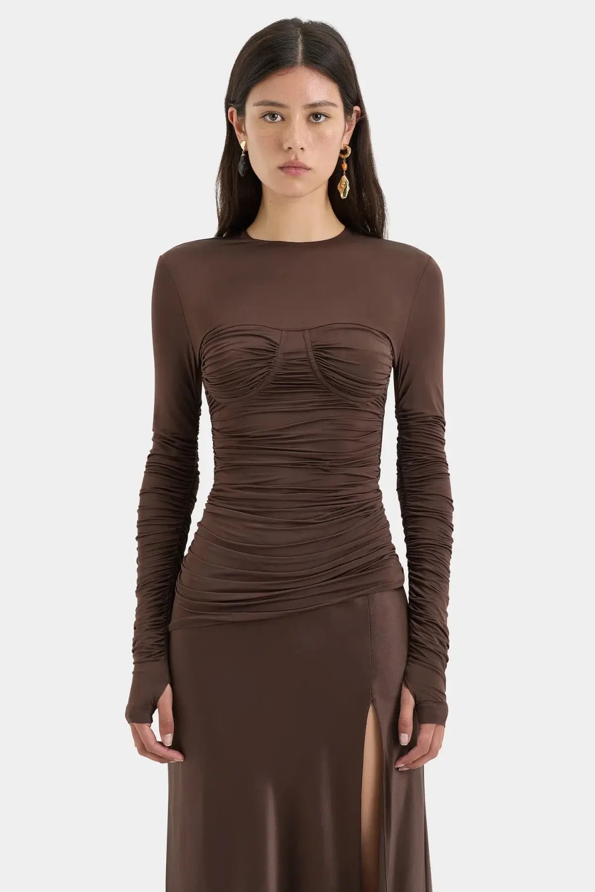 Sir Alessia Draped Jersey Satin Maxi Gown Brown Size 8 photo 4