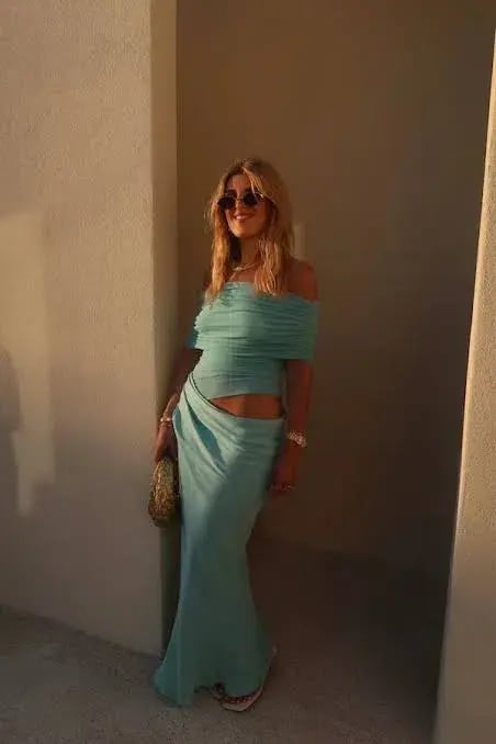 Benni Nico Off Shoulder Maxi Dress in Aquamarine Blue Size 10 photo 7