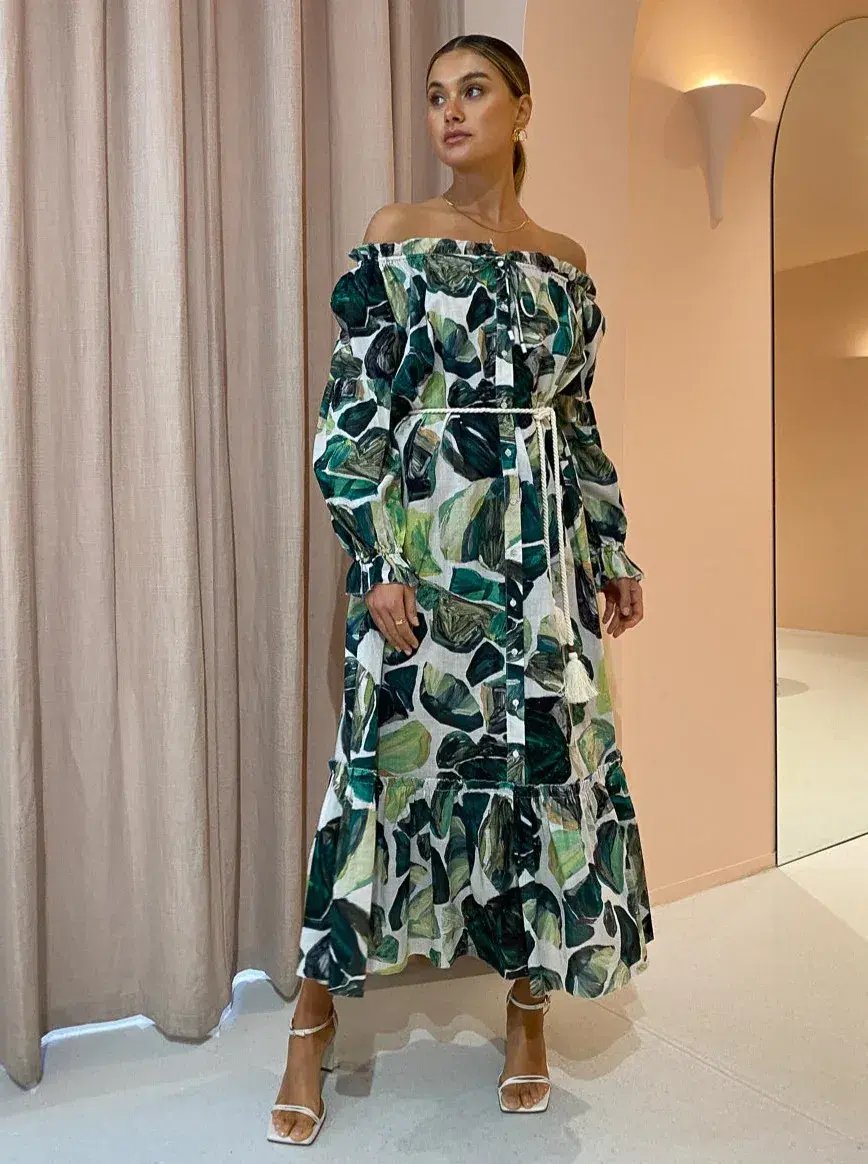 Alemais Siena Off Shoulder Shirt Midi Dress In Green Floral Long Sleeve Green Size AU 14 photo 4