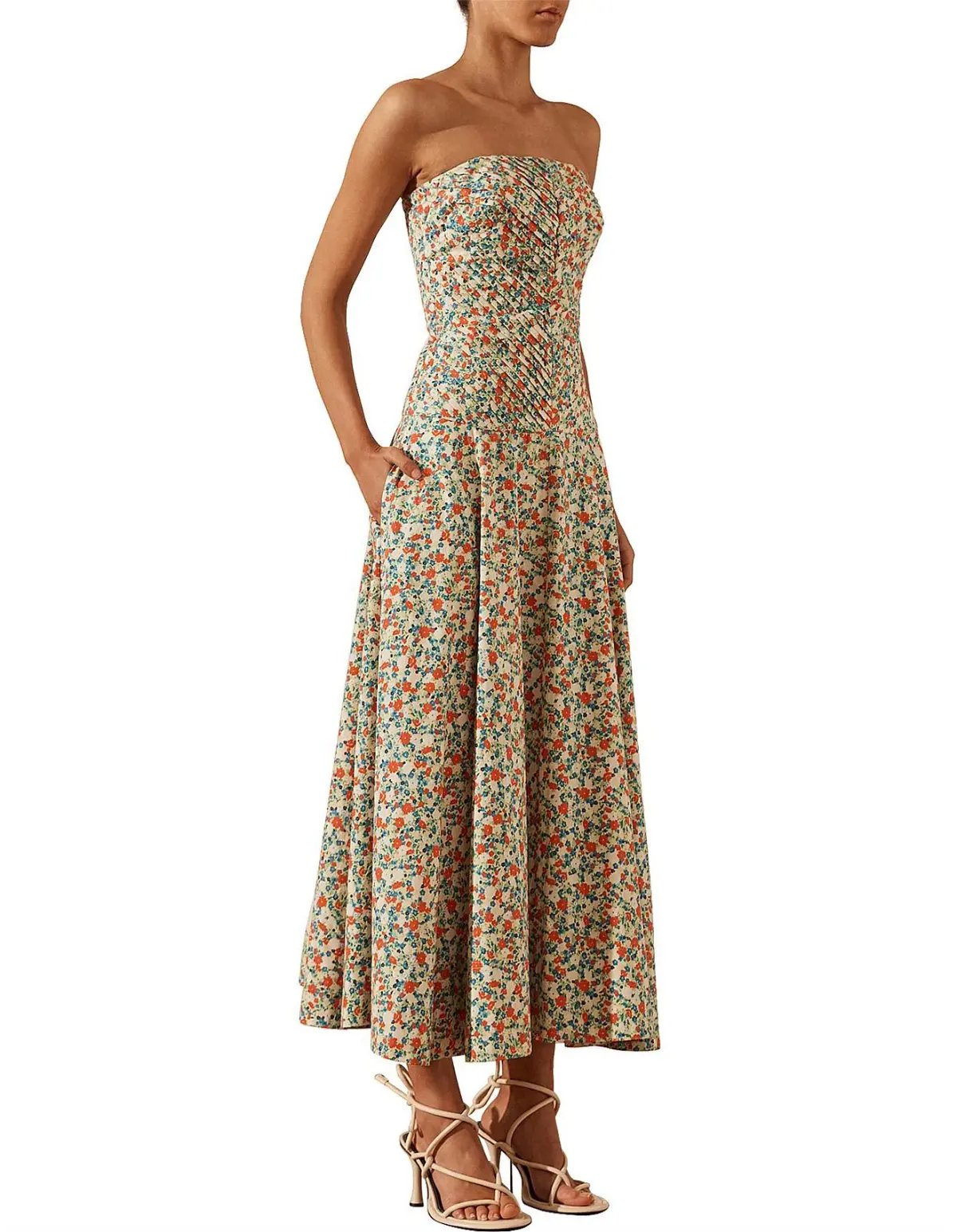 Shona Joy Ulani Strapless Pleated Midi Dress Floral Size 8 photo 2