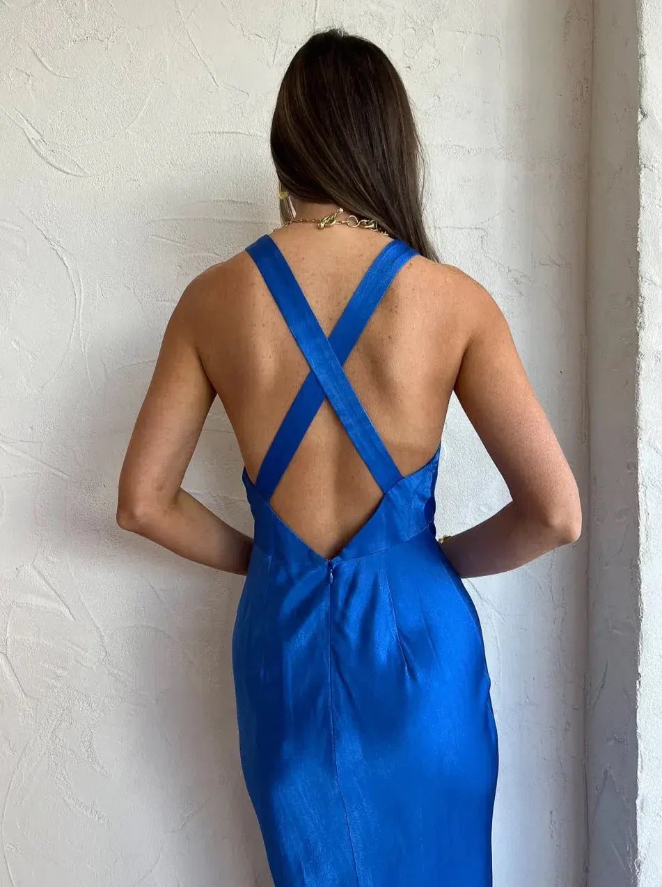 Oliviera Plunge Cross Back Midi Dress Blue Size 8 photo 4