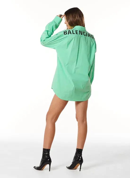 Balenciaga Printed Back Logo Cotton Poplin Shirt In Neon Green Size M/AU 8 photo 2