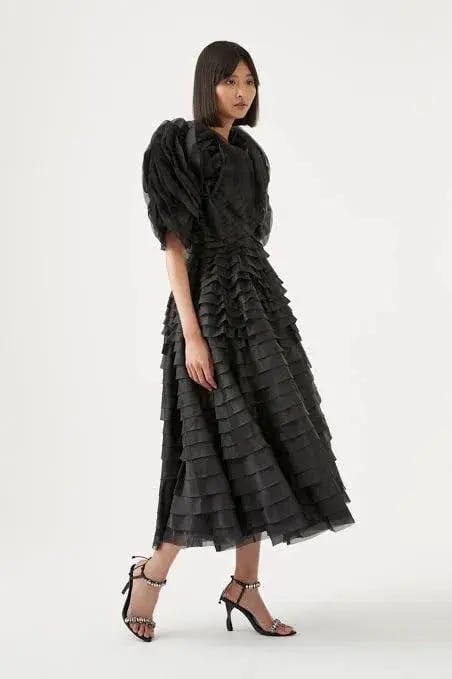 Aje Amour Ruffle Midi Dress Black Size 6 photo 2