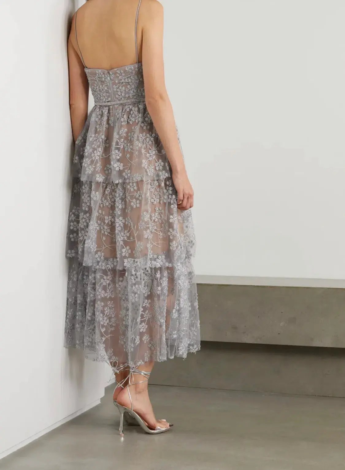 Self-Portrait Tiered Metallic Tulle Midi Dress Silver Size 12 photo 2