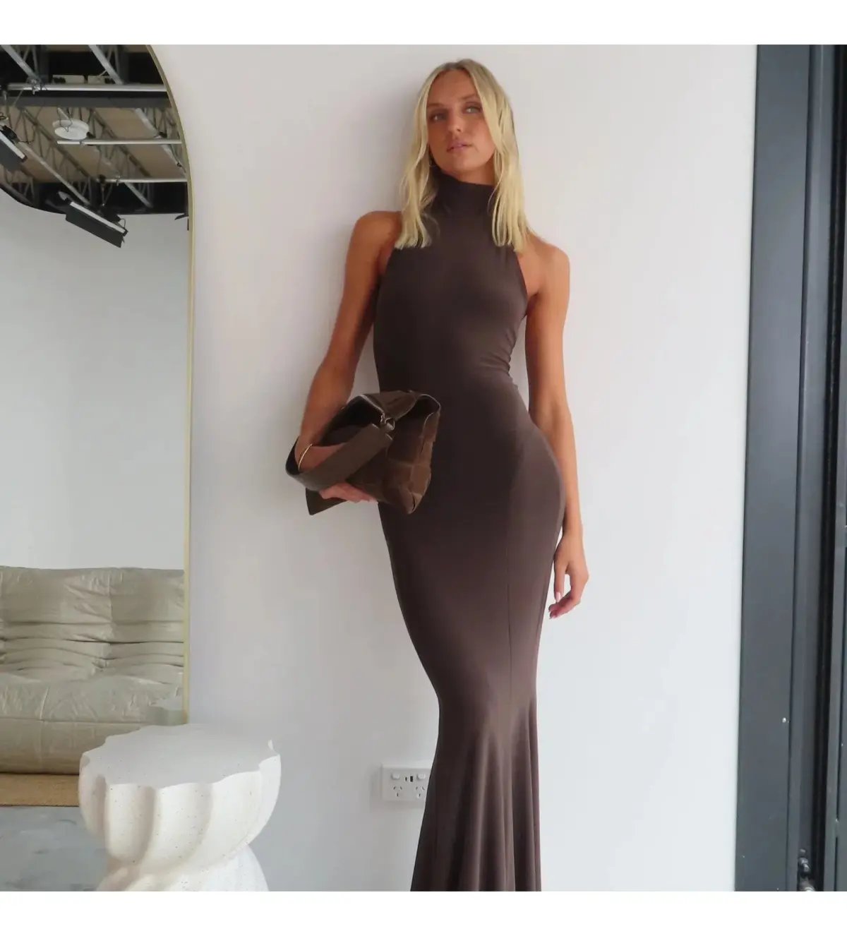 Norma Kamali Halter Turtle Fishtail Gown Chocolate Size AU 8 photo 7