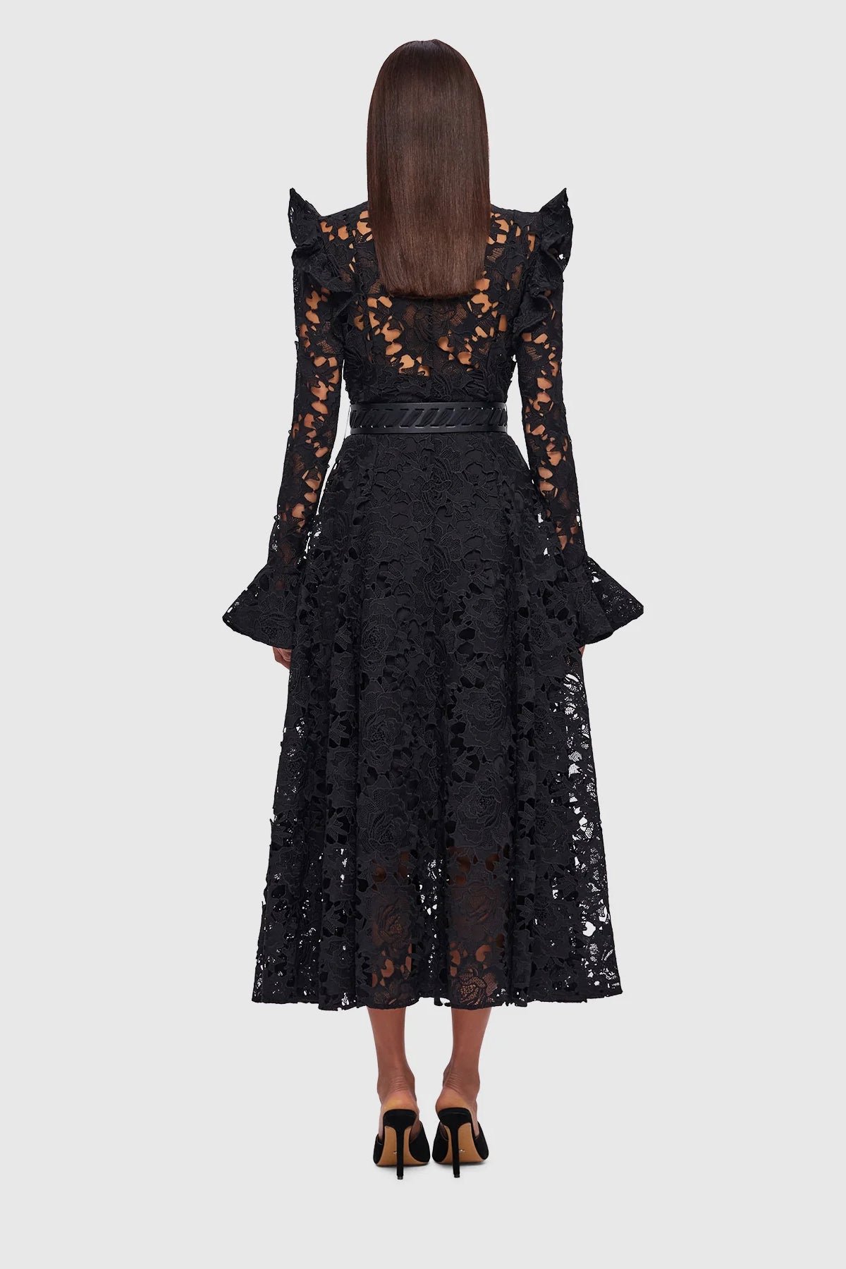LEO LIN ALIYAH LACE BUTTERFLY SLEEVE MIDI DRESS - EBONY photo 5