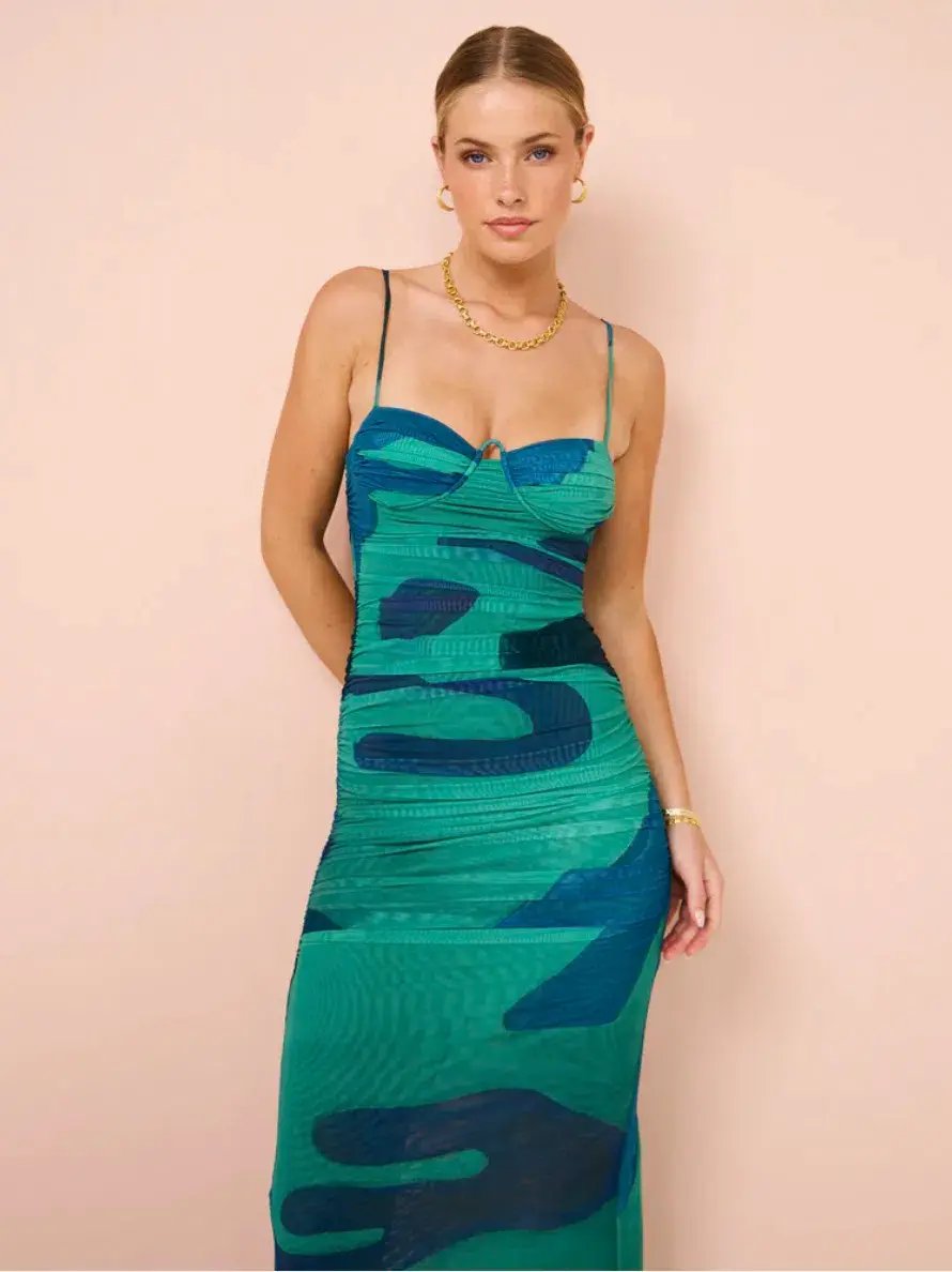 Sir The Label Frankie Gathered Midi Dress Emerald Reflection Size 8 photo 2