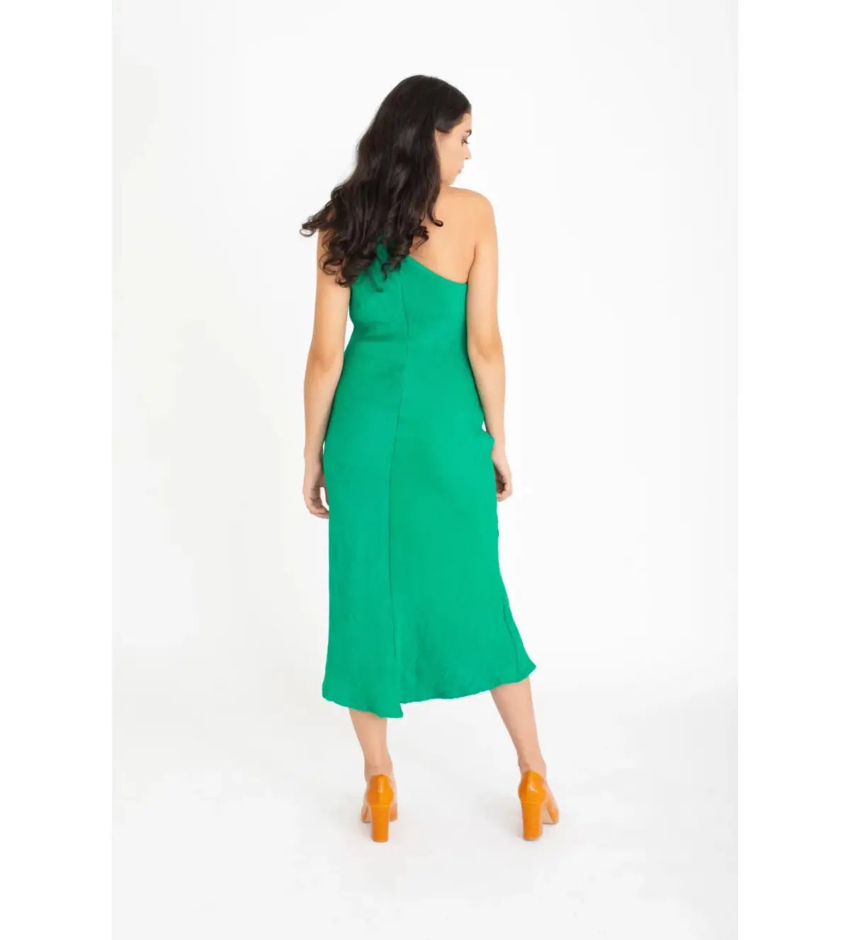 By Johnny Asymmetric Crimp Bias Midi Dress Green Size 10 photo 2