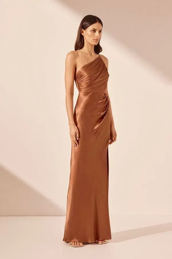 Shona Joy La Lune Asymmetrical Gathered Maxi Dress Almond Size 10 photo 4